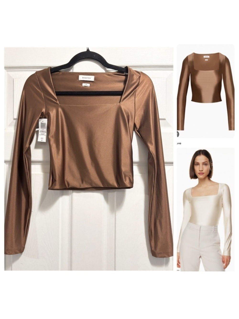 NWT Aritzia Babaton Satinette Square Neck Long Sleeve Top EPICUREAN BROWN XS NEW